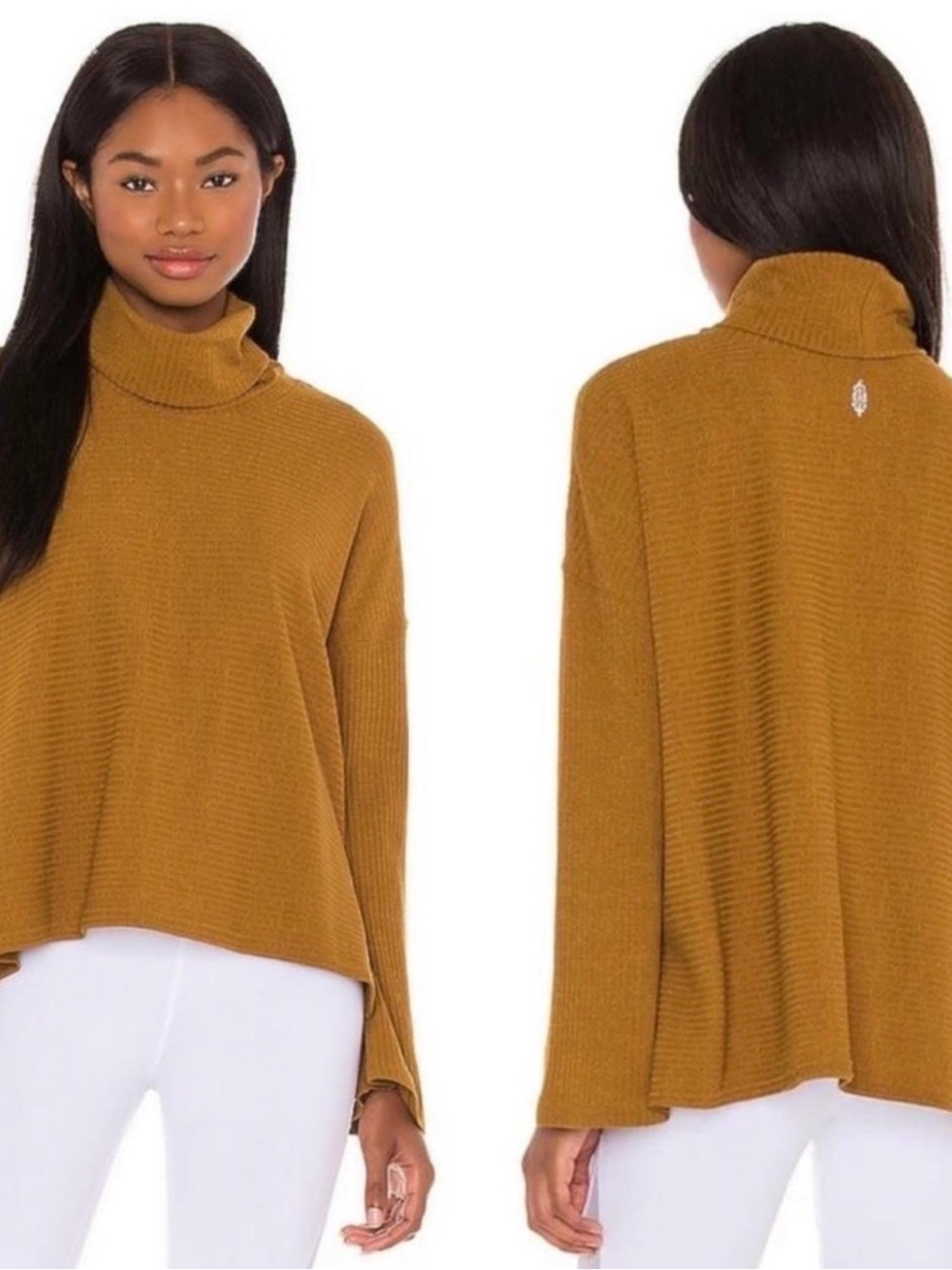 Free People Ribbed Turtleneck Sweater in Mustard